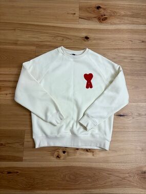 Ami Cream Crewneck Sweatshirt with Red Heart Patch